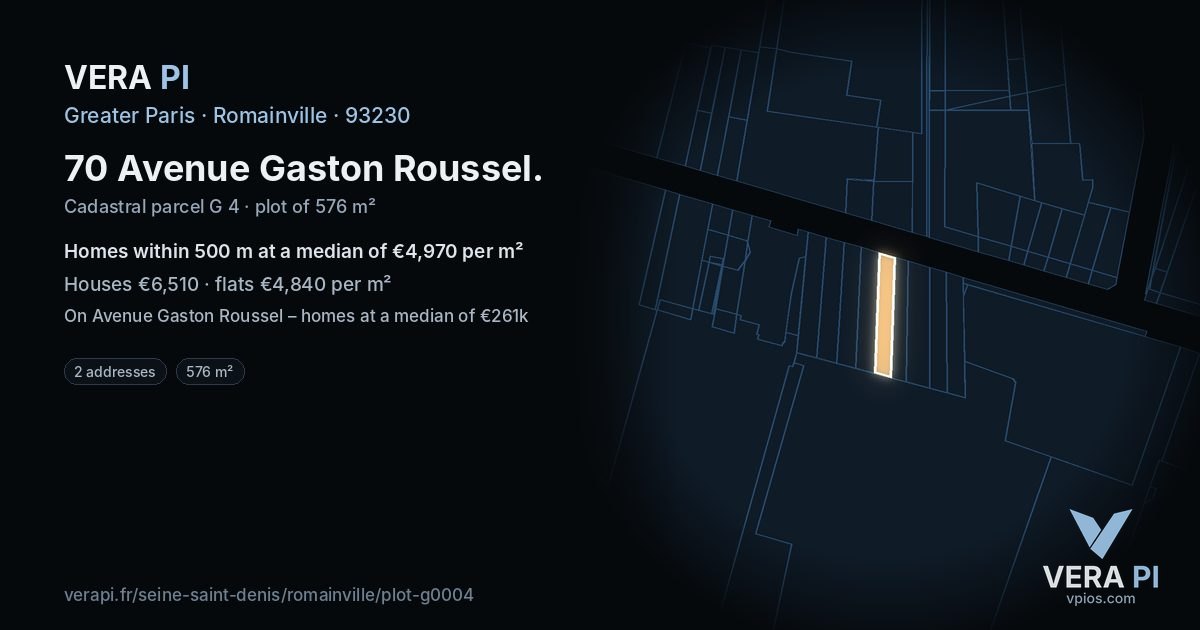70 Avenue Gaston Roussel, Romainville at night – the plot lit, the parcels around coloured by the prices near them