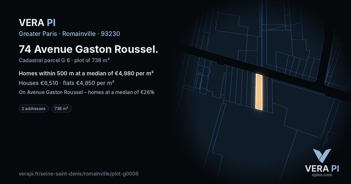 74 Avenue Gaston Roussel, Romainville at night – the plot lit, the parcels around coloured by the prices near them