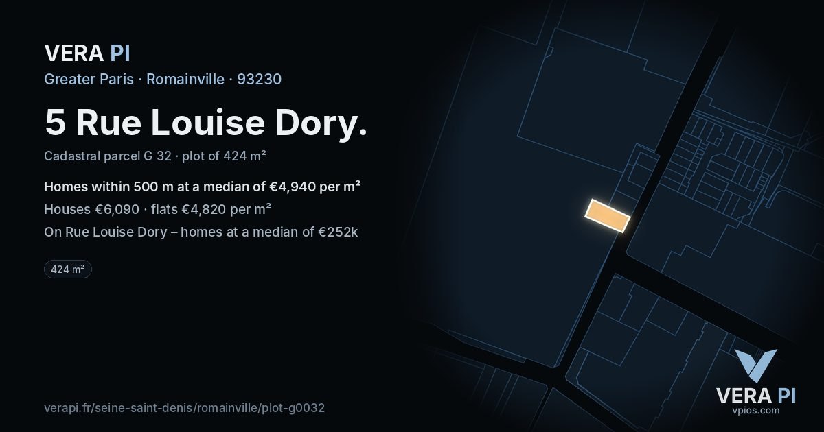 5 Rue Louise Dory, Romainville at night – the plot lit, the parcels around coloured by the prices near them