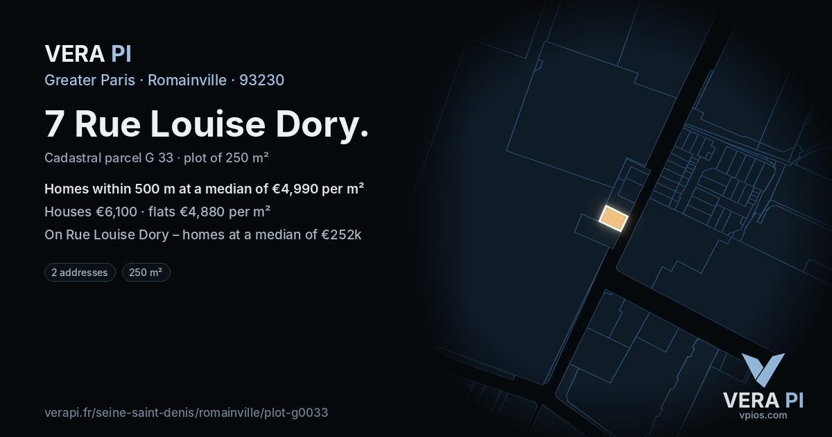 7 Rue Louise Dory, Romainville at night – the plot lit, the parcels around coloured by the prices near them