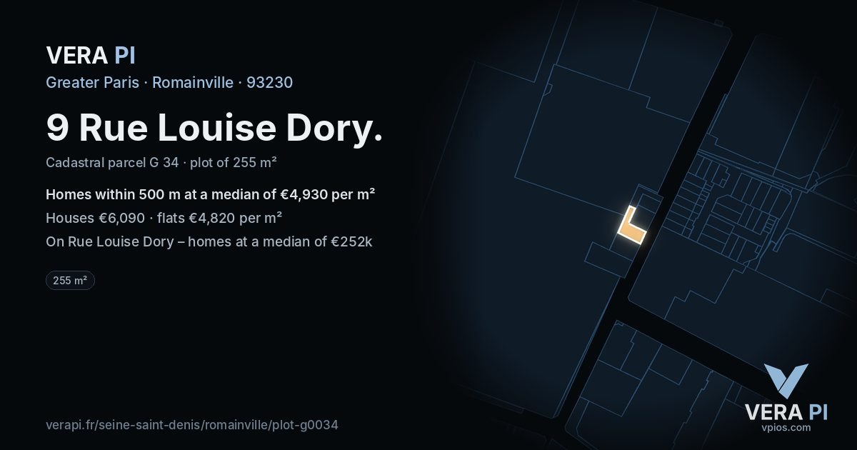 9 Rue Louise Dory, Romainville at night – the plot lit, the parcels around coloured by the prices near them