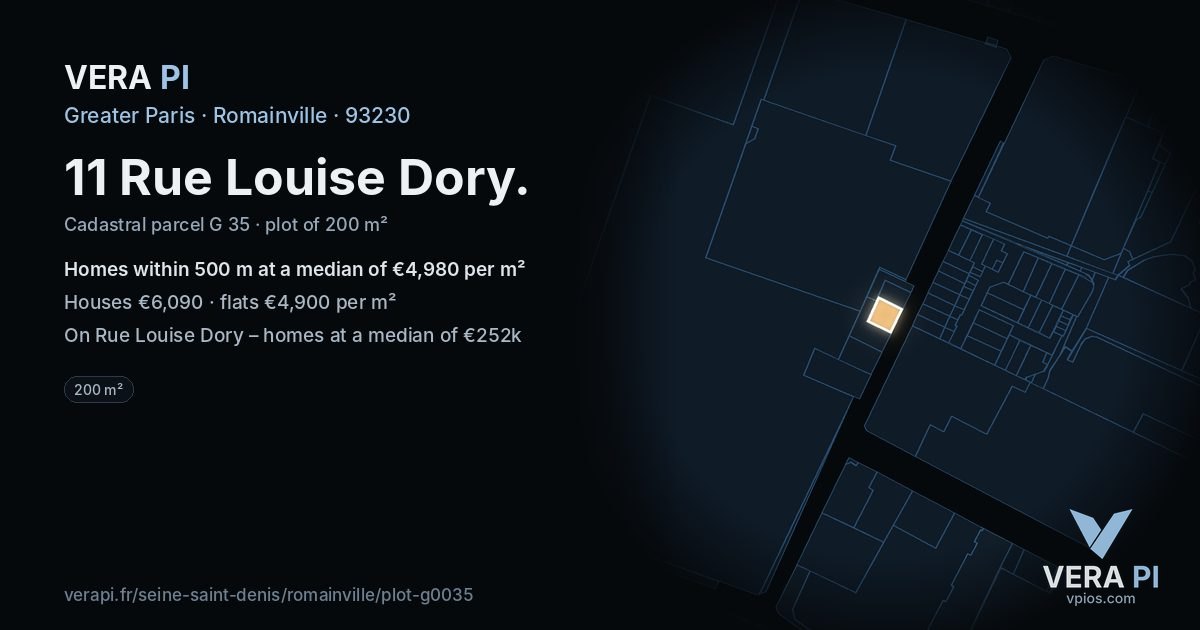 11 Rue Louise Dory, Romainville at night – the plot lit, the parcels around coloured by the prices near them