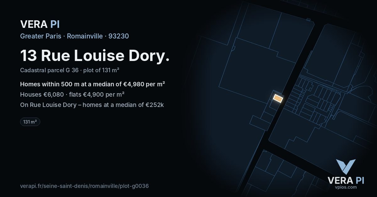 13 Rue Louise Dory, Romainville at night – the plot lit, the parcels around coloured by the prices near them