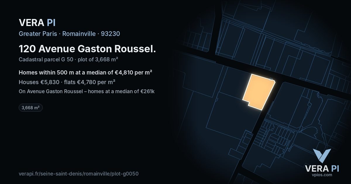 120 Avenue Gaston Roussel, Romainville at night – the plot lit, the parcels around coloured by the prices near them