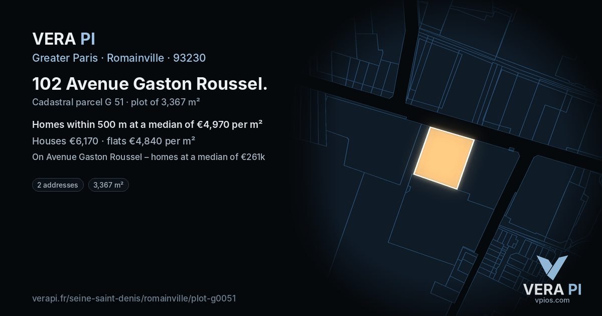 102 Avenue Gaston Roussel, Romainville at night – the plot lit, the parcels around coloured by the prices near them