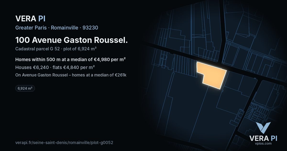 100 Avenue Gaston Roussel, Romainville at night – the plot lit, the parcels around coloured by the prices near them