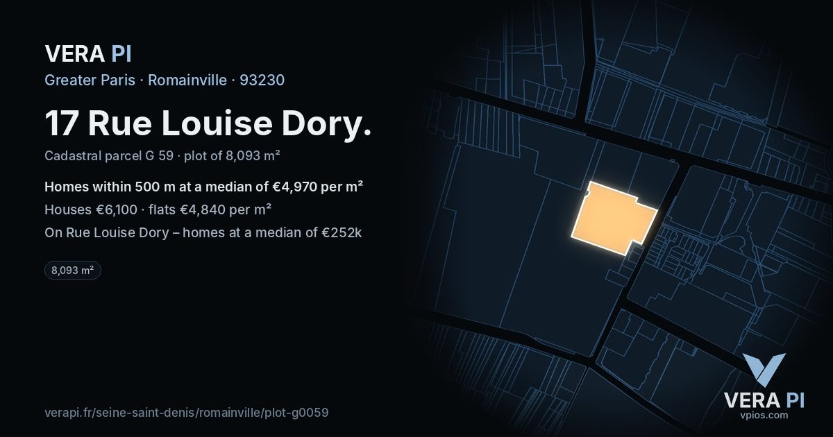 17 Rue Louise Dory, Romainville at night – the plot lit, the parcels around coloured by the prices near them