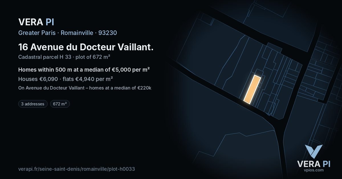 16 Avenue du Docteur Vaillant, Romainville at night – the plot lit, the parcels around coloured by the prices near them