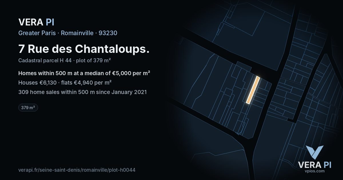 7 Rue des Chantaloups, Romainville at night – the plot lit, the parcels around coloured by the prices near them