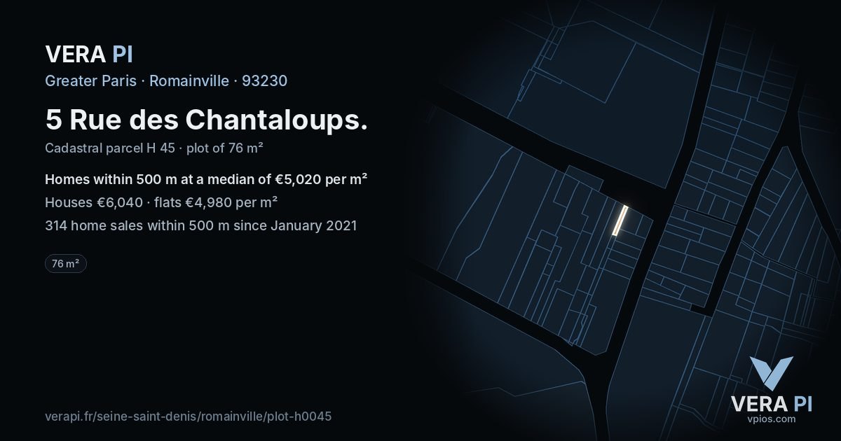 5 Rue des Chantaloups, Romainville at night – the plot lit, the parcels around coloured by the prices near them