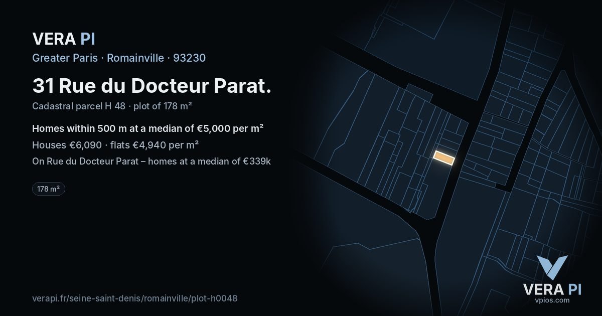 31 Rue du Docteur Parat, Romainville at night – the plot lit, the parcels around coloured by the prices near them