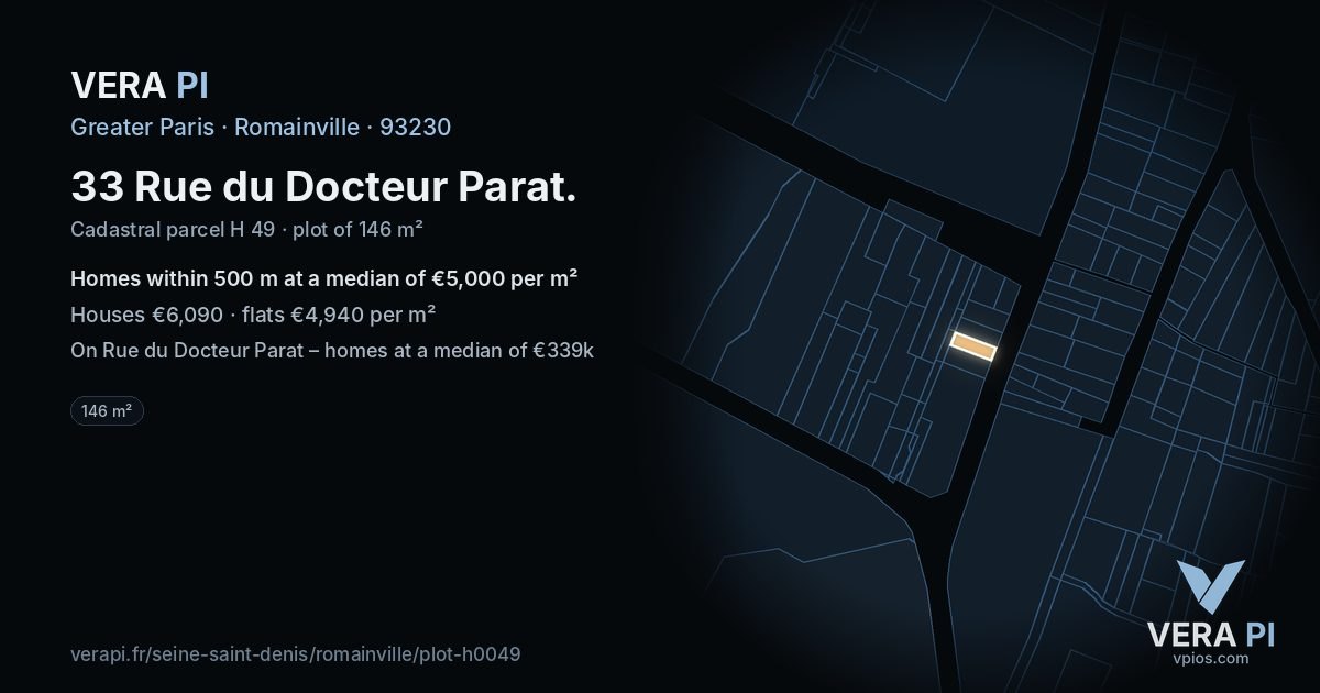 33 Rue du Docteur Parat, Romainville at night – the plot lit, the parcels around coloured by the prices near them