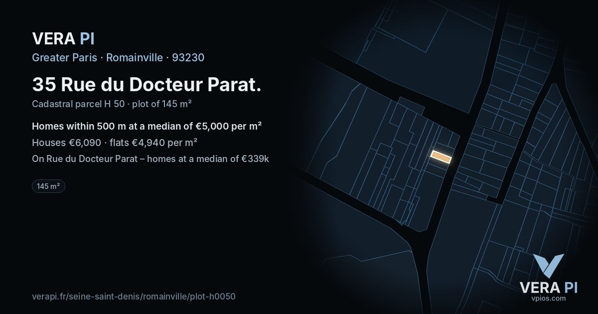 35 Rue du Docteur Parat, Romainville at night – the plot lit, the parcels around coloured by the prices near them