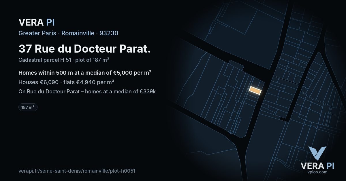 37 Rue du Docteur Parat, Romainville at night – the plot lit, the parcels around coloured by the prices near them