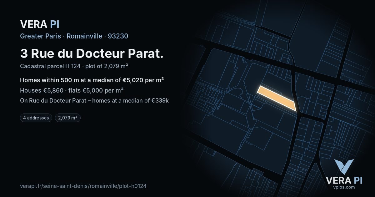 3 Rue du Docteur Parat, Romainville at night – the plot lit, the parcels around coloured by the prices near them