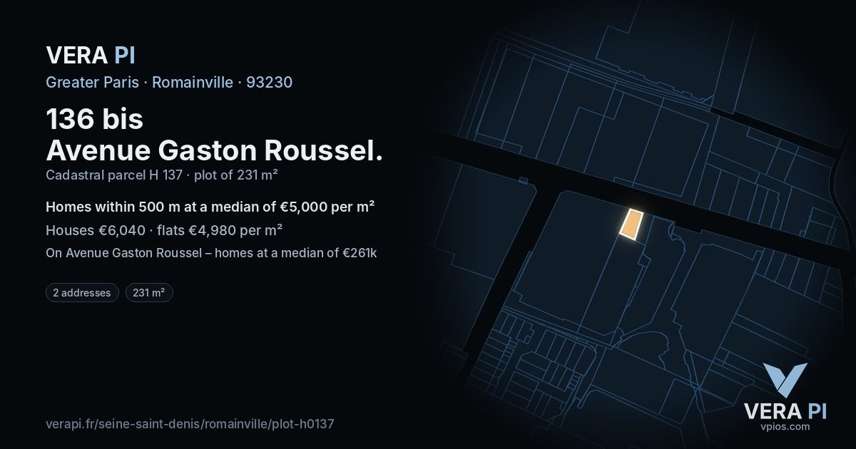 136 bis Avenue Gaston Roussel, Romainville at night – the plot lit, the parcels around coloured by the prices near them