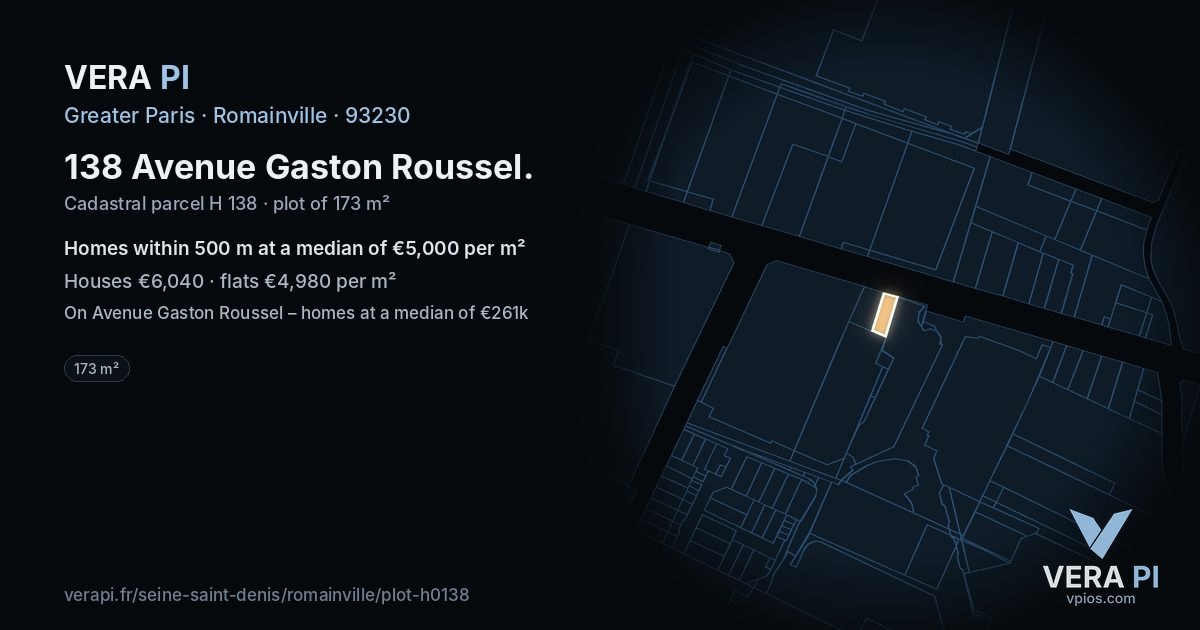 138 Avenue Gaston Roussel, Romainville at night – the plot lit, the parcels around coloured by the prices near them
