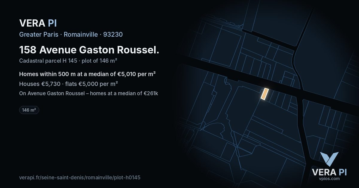 158 Avenue Gaston Roussel, Romainville at night – the plot lit, the parcels around coloured by the prices near them
