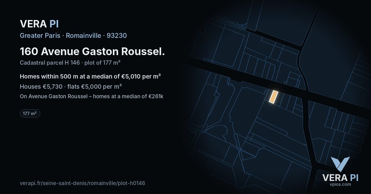 160 Avenue Gaston Roussel, Romainville at night – the plot lit, the parcels around coloured by the prices near them