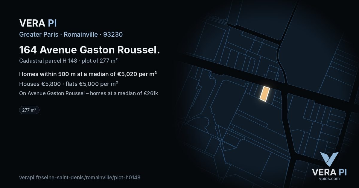 164 Avenue Gaston Roussel, Romainville at night – the plot lit, the parcels around coloured by the prices near them