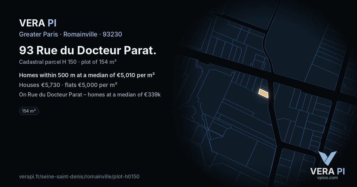 93 Rue du Docteur Parat, Romainville at night – the plot lit, the parcels around coloured by the prices near them