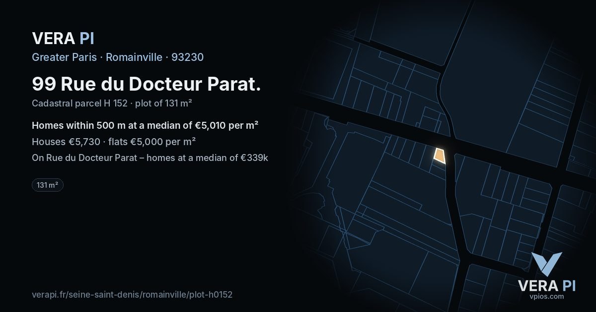 99 Rue du Docteur Parat, Romainville at night – the plot lit, the parcels around coloured by the prices near them