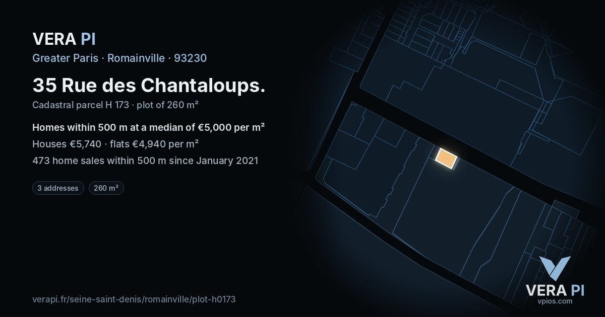 35 Rue des Chantaloups, Romainville at night – the plot lit, the parcels around coloured by the prices near them