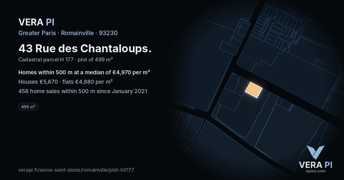 43 Rue des Chantaloups, Romainville at night – the plot lit, the parcels around coloured by the prices near them