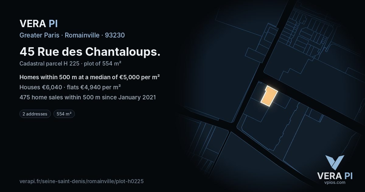 45 Rue des Chantaloups, Romainville at night – the plot lit, the parcels around coloured by the prices near them