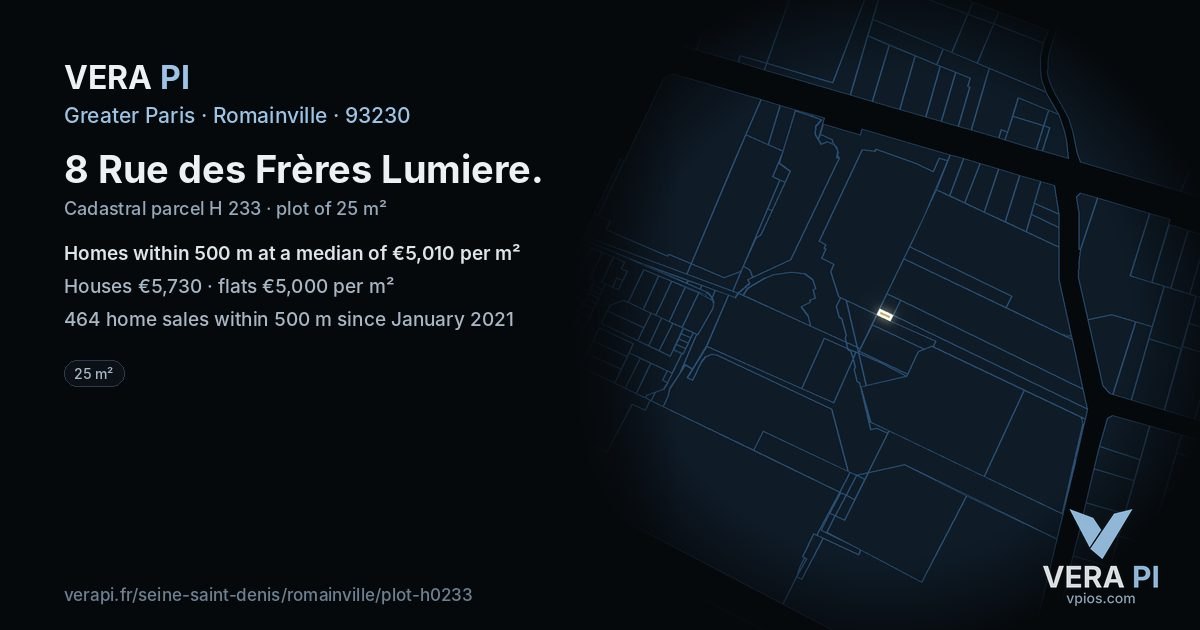 8 Rue des Frères Lumiere, Romainville at night – the plot lit, the parcels around coloured by the prices near them
