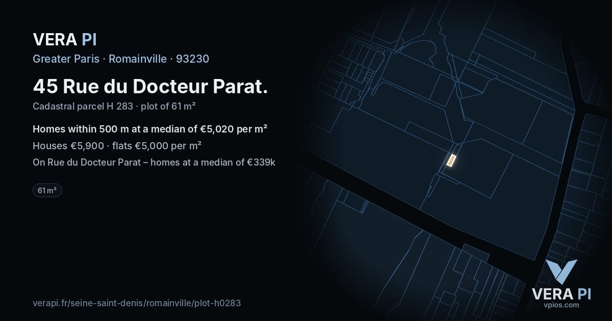 45 Rue du Docteur Parat, Romainville at night – the plot lit, the parcels around coloured by the prices near them