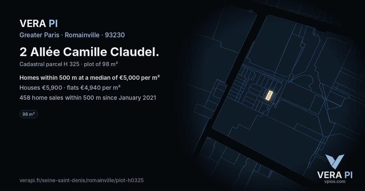 2 Allée Camille Claudel, Romainville at night – the plot lit, the parcels around coloured by the prices near them