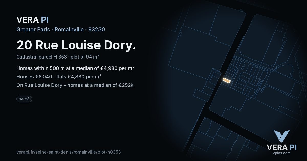 20 Rue Louise Dory, Romainville at night – the plot lit, the parcels around coloured by the prices near them