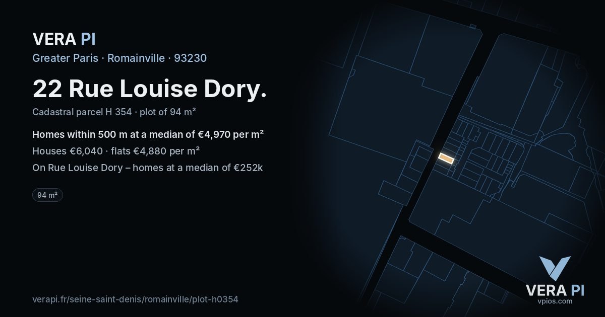 22 Rue Louise Dory, Romainville at night – the plot lit, the parcels around coloured by the prices near them