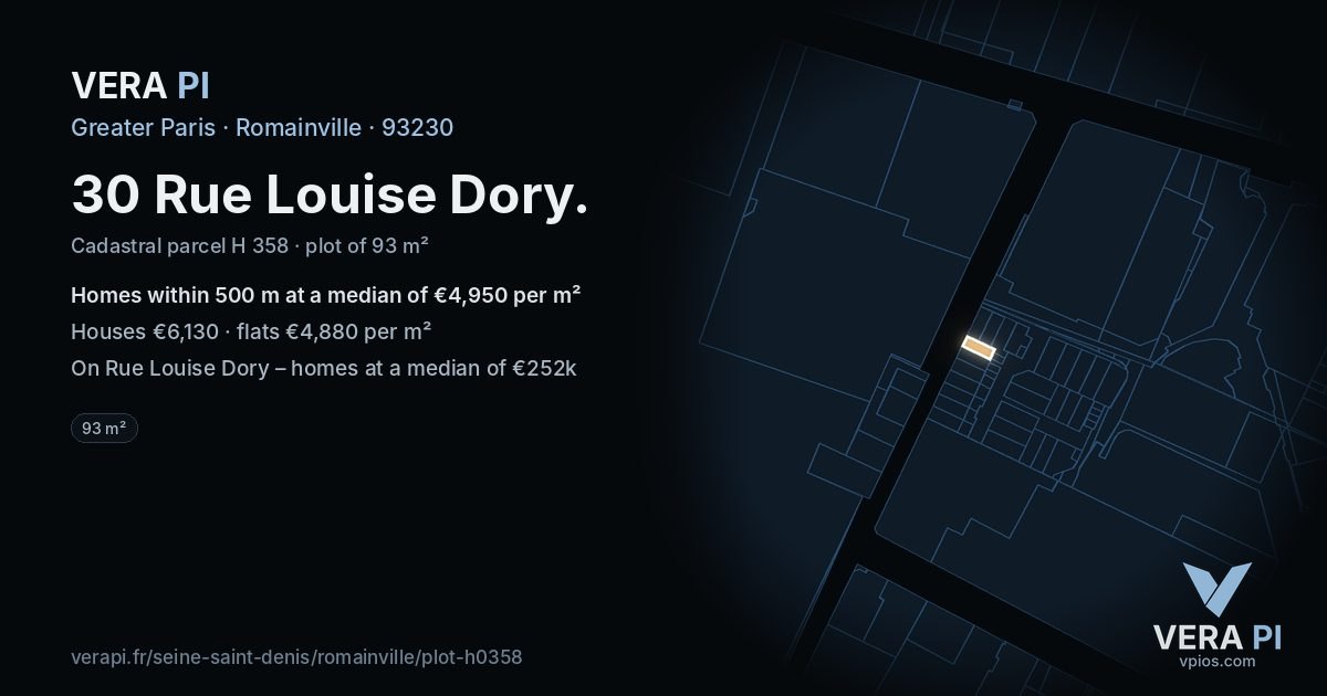 30 Rue Louise Dory, Romainville at night – the plot lit, the parcels around coloured by the prices near them