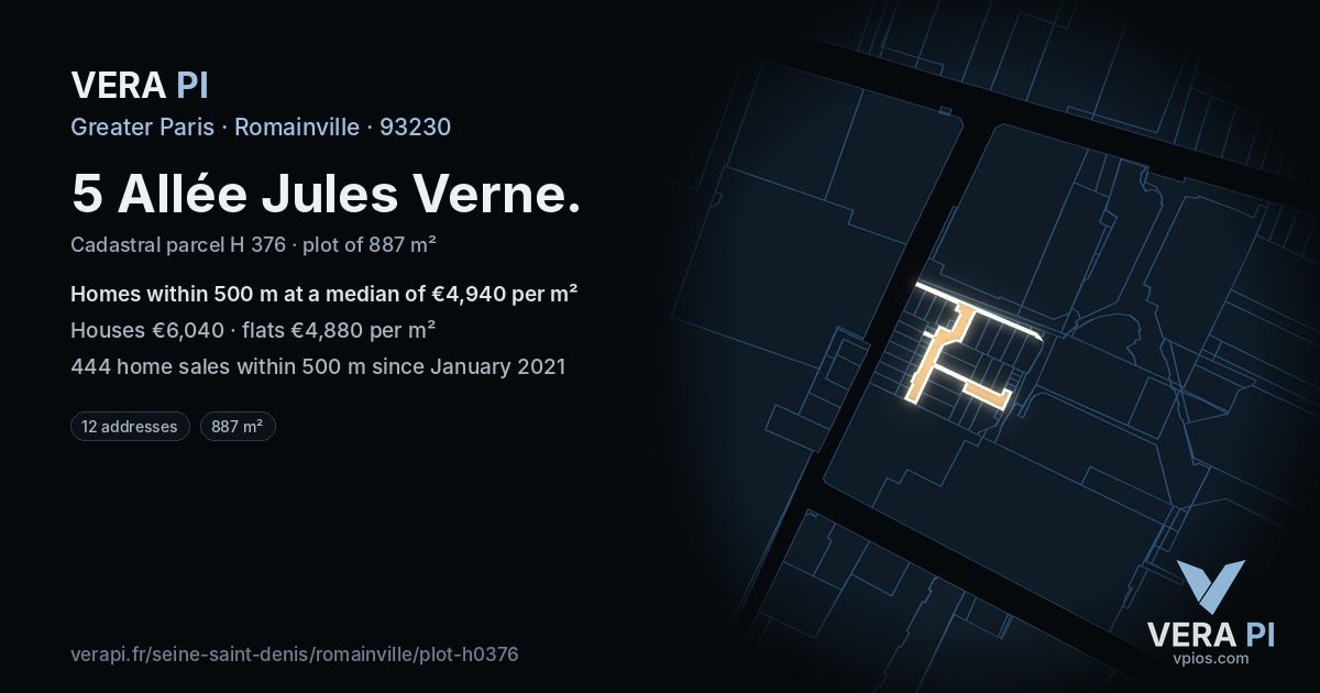 5 Allée Jules Verne, Romainville at night – the plot lit, the parcels around coloured by the prices near them