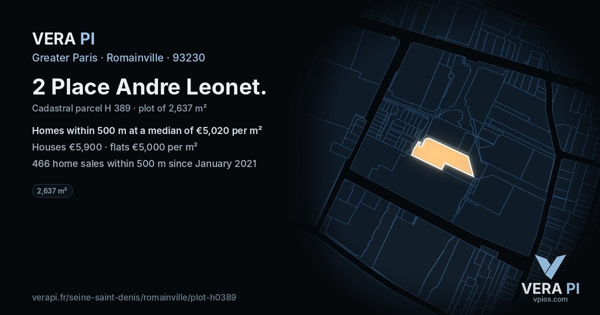 2 Place Andre Leonet, Romainville at night – the plot lit, the parcels around coloured by the prices near them