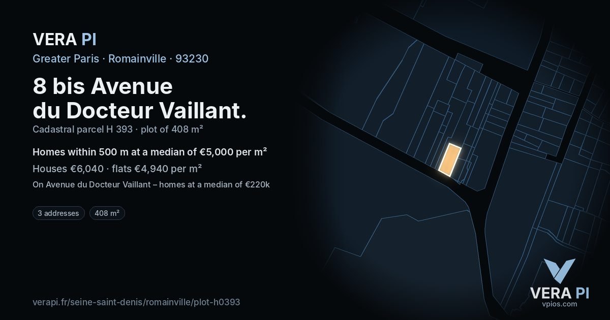 8 bis Avenue du Docteur Vaillant, Romainville at night – the plot lit, the parcels around coloured by the prices near them
