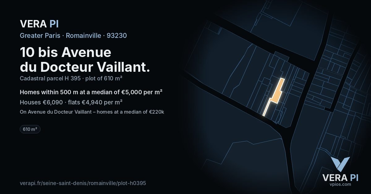 10 bis Avenue du Docteur Vaillant, Romainville at night – the plot lit, the parcels around coloured by the prices near them