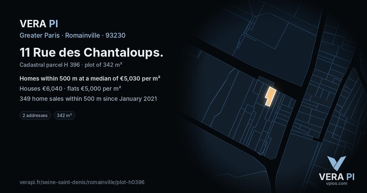 11 Rue des Chantaloups, Romainville at night – the plot lit, the parcels around coloured by the prices near them
