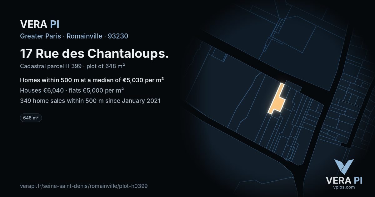 17 Rue des Chantaloups, Romainville at night – the plot lit, the parcels around coloured by the prices near them