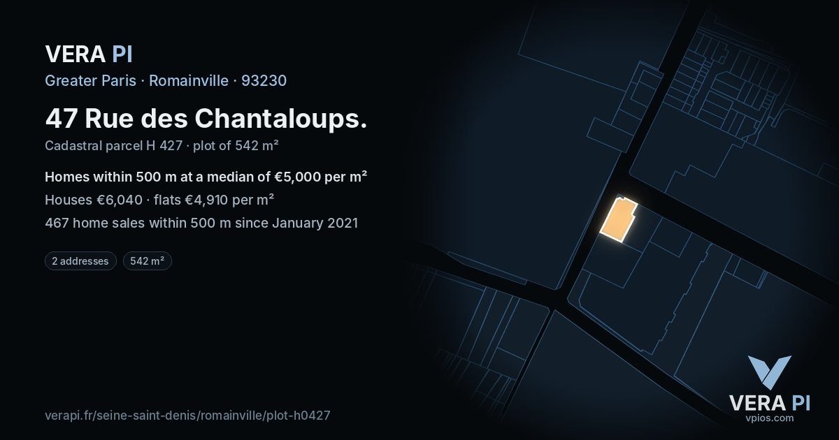 47 Rue des Chantaloups, Romainville at night – the plot lit, the parcels around coloured by the prices near them
