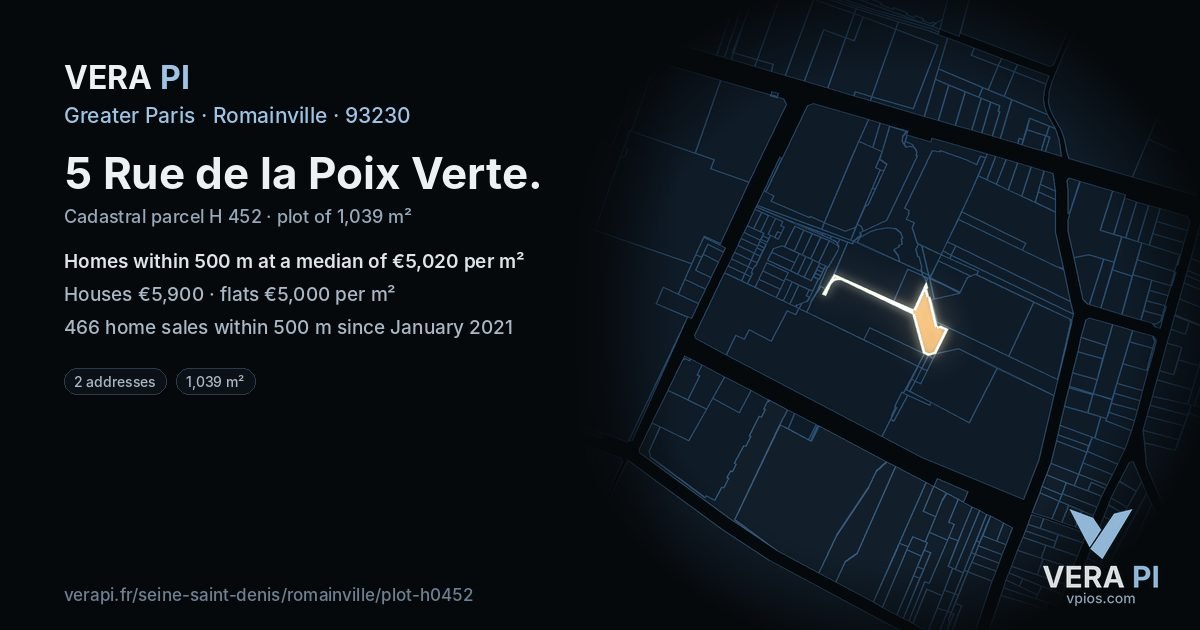 5 Rue de la Poix Verte, Romainville at night – the plot lit, the parcels around coloured by the prices near them