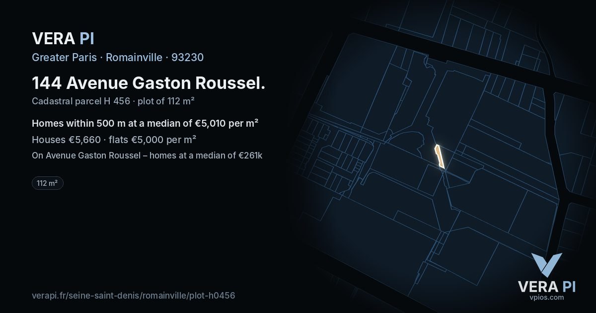 144 Avenue Gaston Roussel, Romainville at night – the plot lit, the parcels around coloured by the prices near them