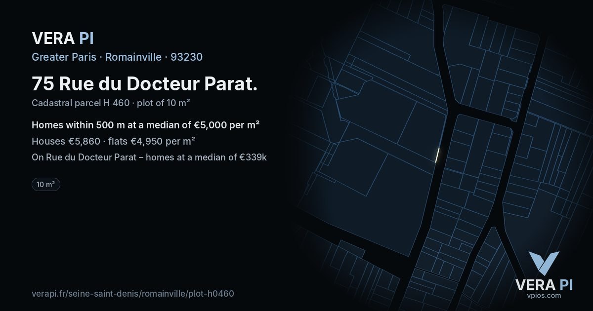75 Rue du Docteur Parat, Romainville at night – the plot lit, the parcels around coloured by the prices near them