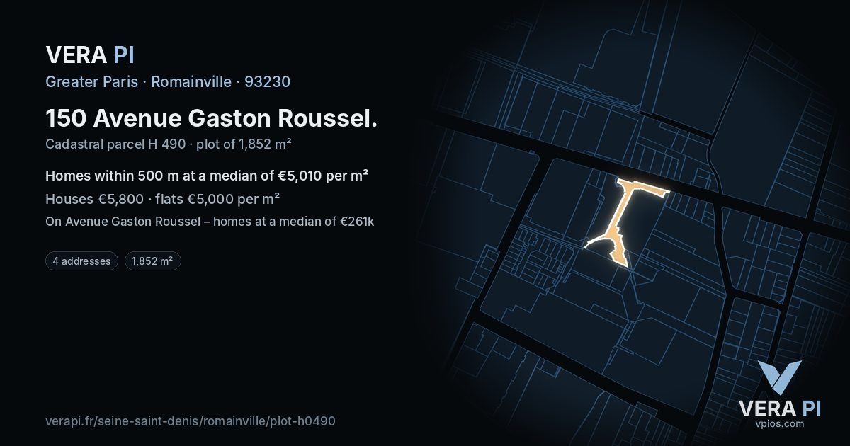 150 Avenue Gaston Roussel, Romainville at night – the plot lit, the parcels around coloured by the prices near them