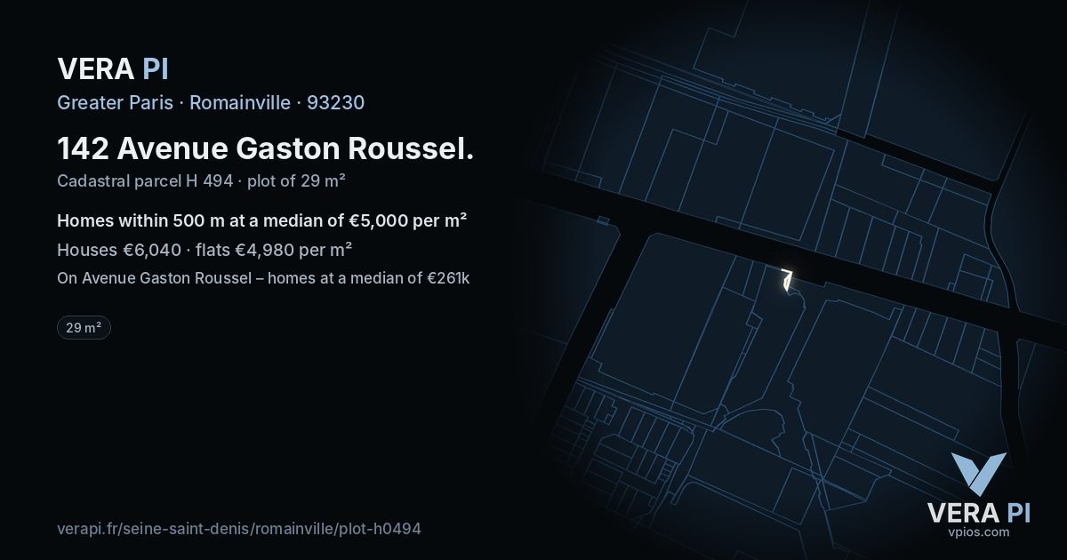 142 Avenue Gaston Roussel, Romainville at night – the plot lit, the parcels around coloured by the prices near them