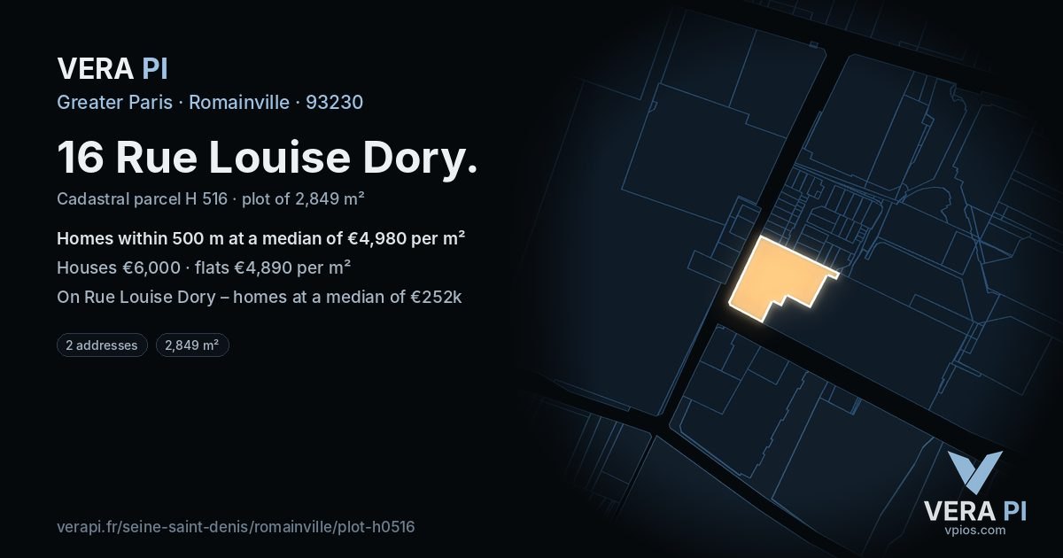 16 Rue Louise Dory, Romainville at night – the plot lit, the parcels around coloured by the prices near them