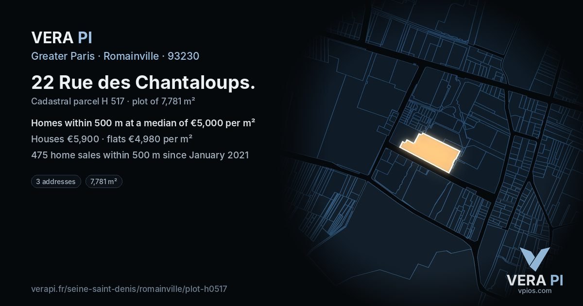 22 Rue des Chantaloups, Romainville at night – the plot lit, the parcels around coloured by the prices near them