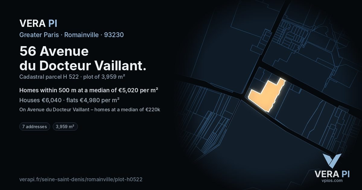 56 Avenue du Docteur Vaillant, Romainville at night – the plot lit, the parcels around coloured by the prices near them